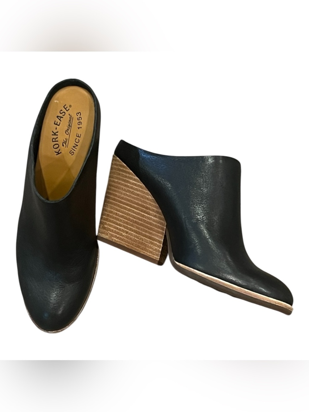 Kork-Ease Black Leather Upper Stacked Heel Mules Size 8.5 Comfy Slip-on